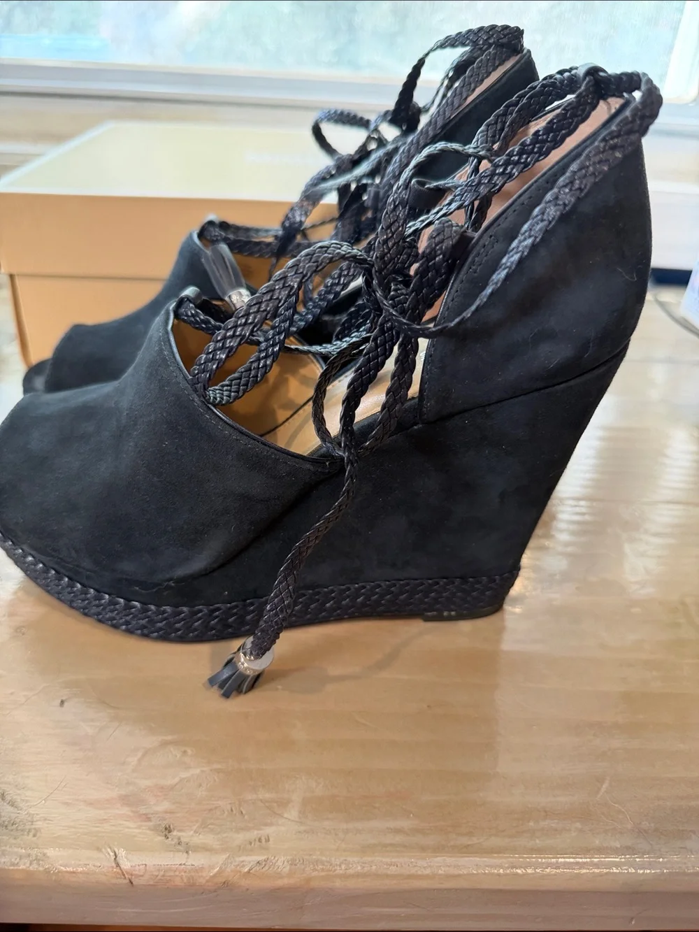MICHAEL Michael Kors Black Suede Peep-Toe Lace-Up Wedge Sandals